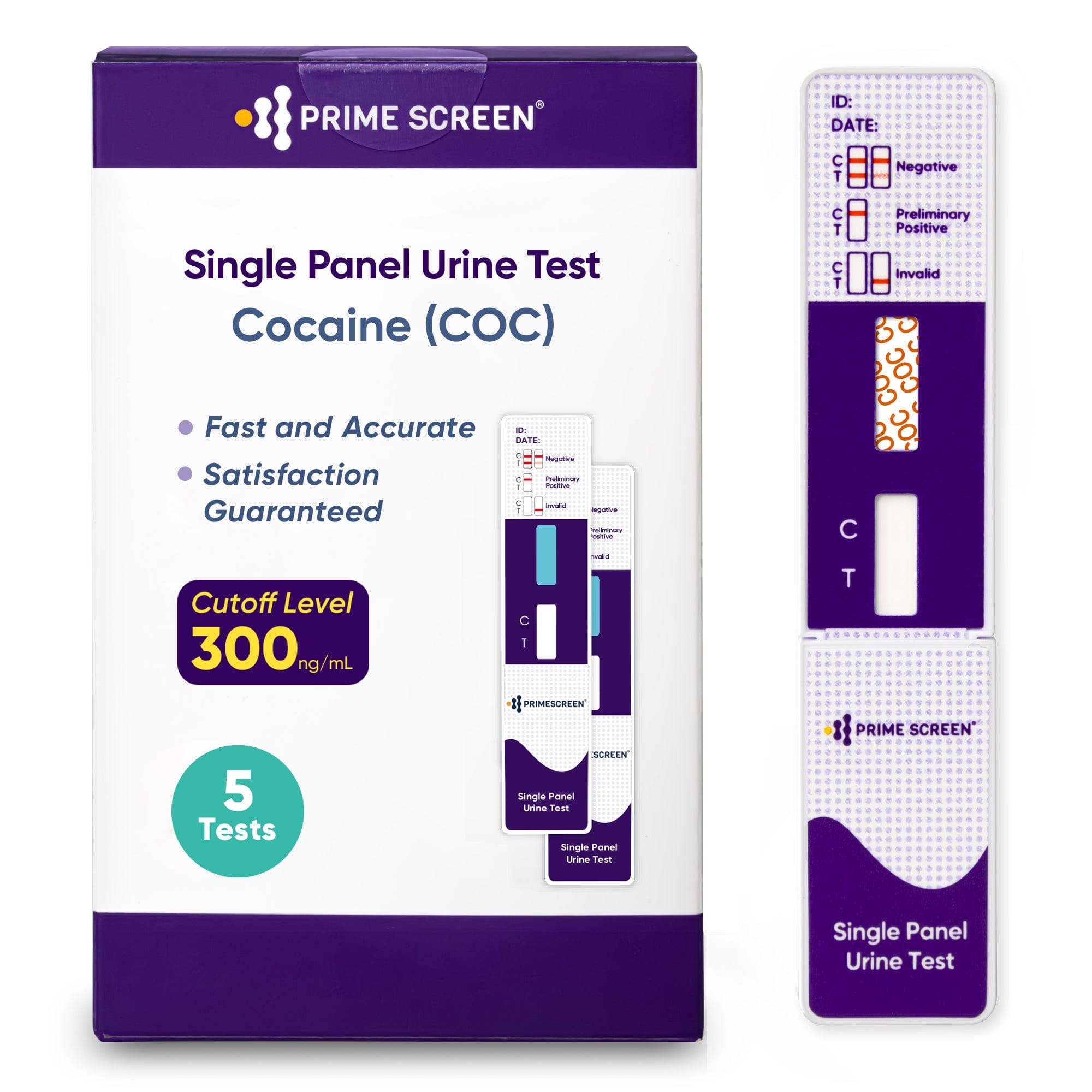 Prime Screen - Cocaine Urine Test Card - Detect COC in Urine with 300 ng/mL Cutoff Level - Single Panel Drug Test Kit - 10 Pack