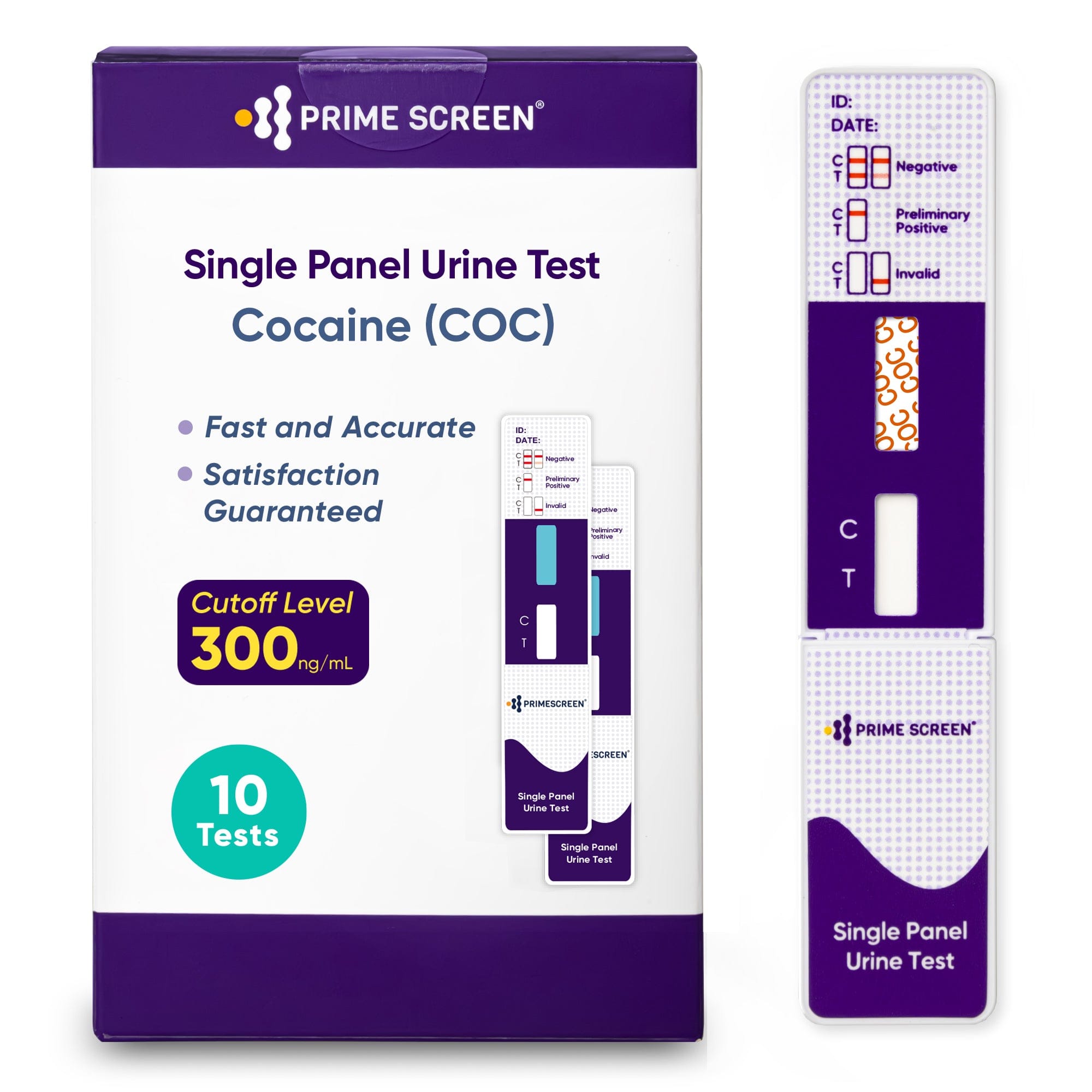 Prime Screen - Cocaine Urine Test Card - Detect COC in Urine with 300 ng/mL Cutoff Level - Single Panel Drug Test Kit - 10 Pack