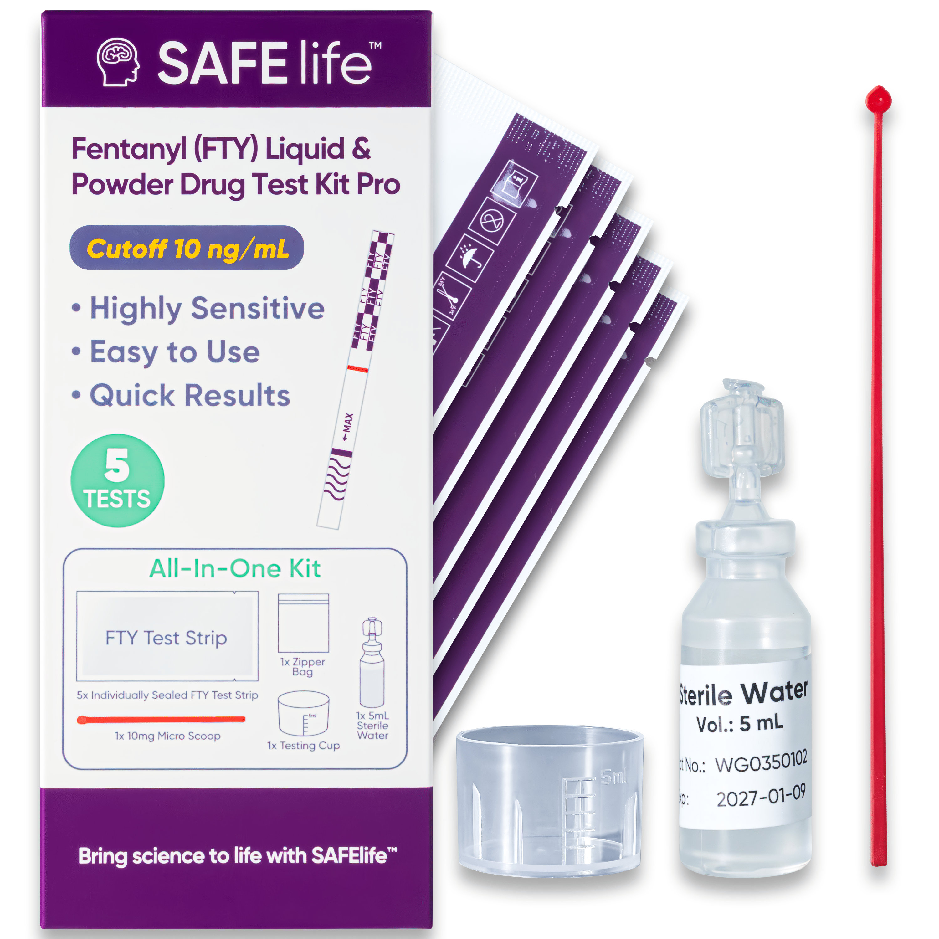 SAFE LIFE Fentanyl Test Strips – Detects Fentanyl and Analogs in Powders, Liquids, and Pills, Highly Sensitive with 10 ng/mL Cut-Off, 5-Test Kit with Cups & Spoons, No Interference from Meth or MDMA