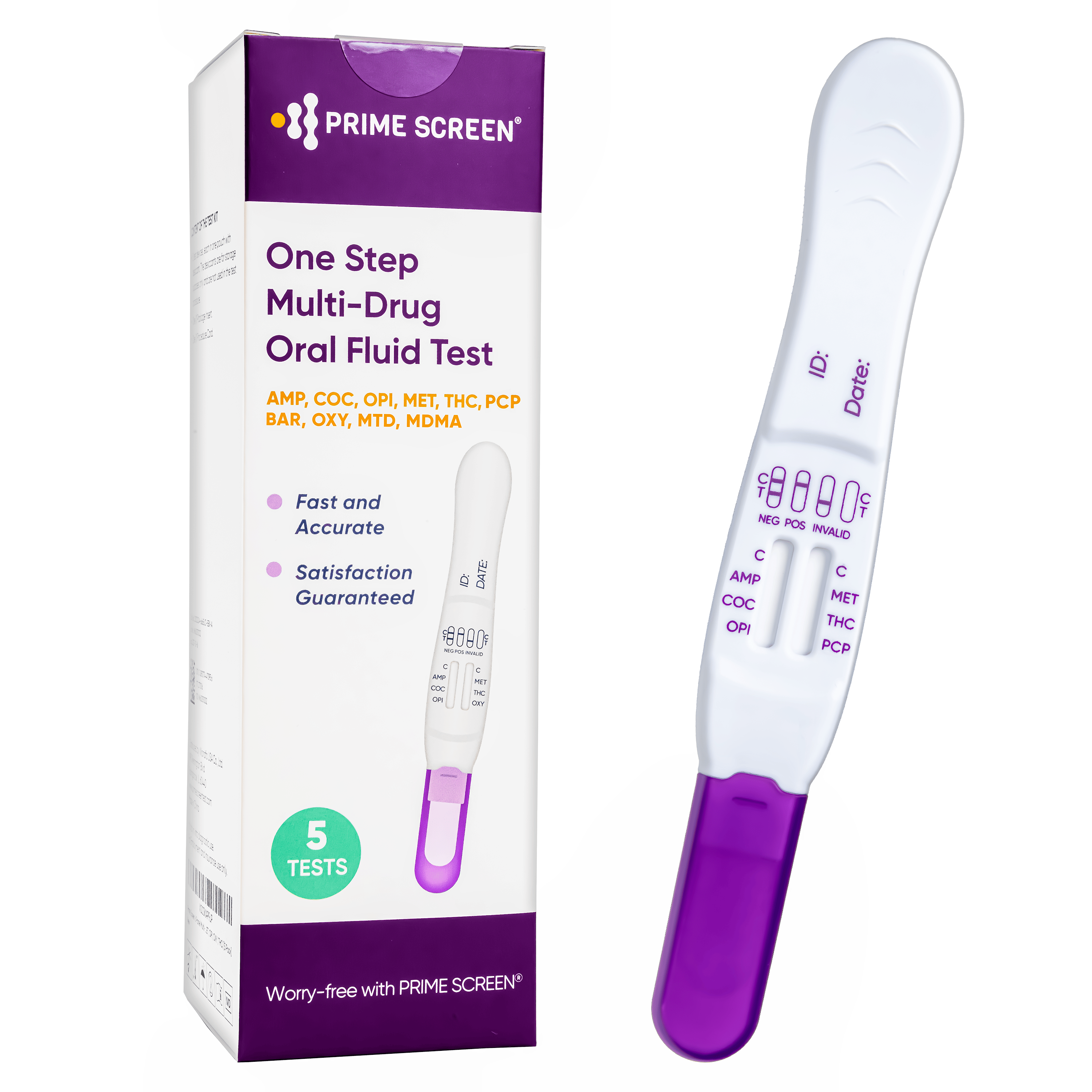 Prime Screen 10 Panel Multi-Drug Oral Fluid Test, One Step Employment and Insurance Testing,T-Swab(AMP50, COC20, OPI40, MET50,THC40,PCP10, OXY20,MTD30,BAR20,MDMA50)