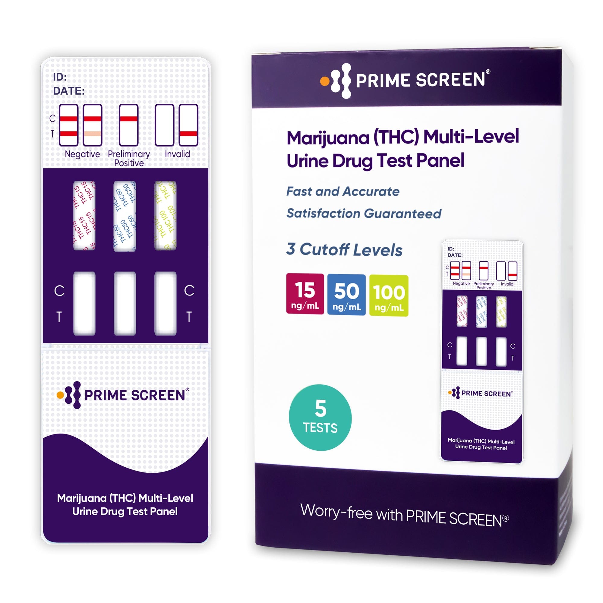 Prime Screen - Prime Screen Multi Level Marijuana Home Urine Test Dip Kit - Highly Sensitive THC 3 Level Drug Test Kit-Detects at 15 ng/mL, 50 ng/mL, and 100 ng/mL
