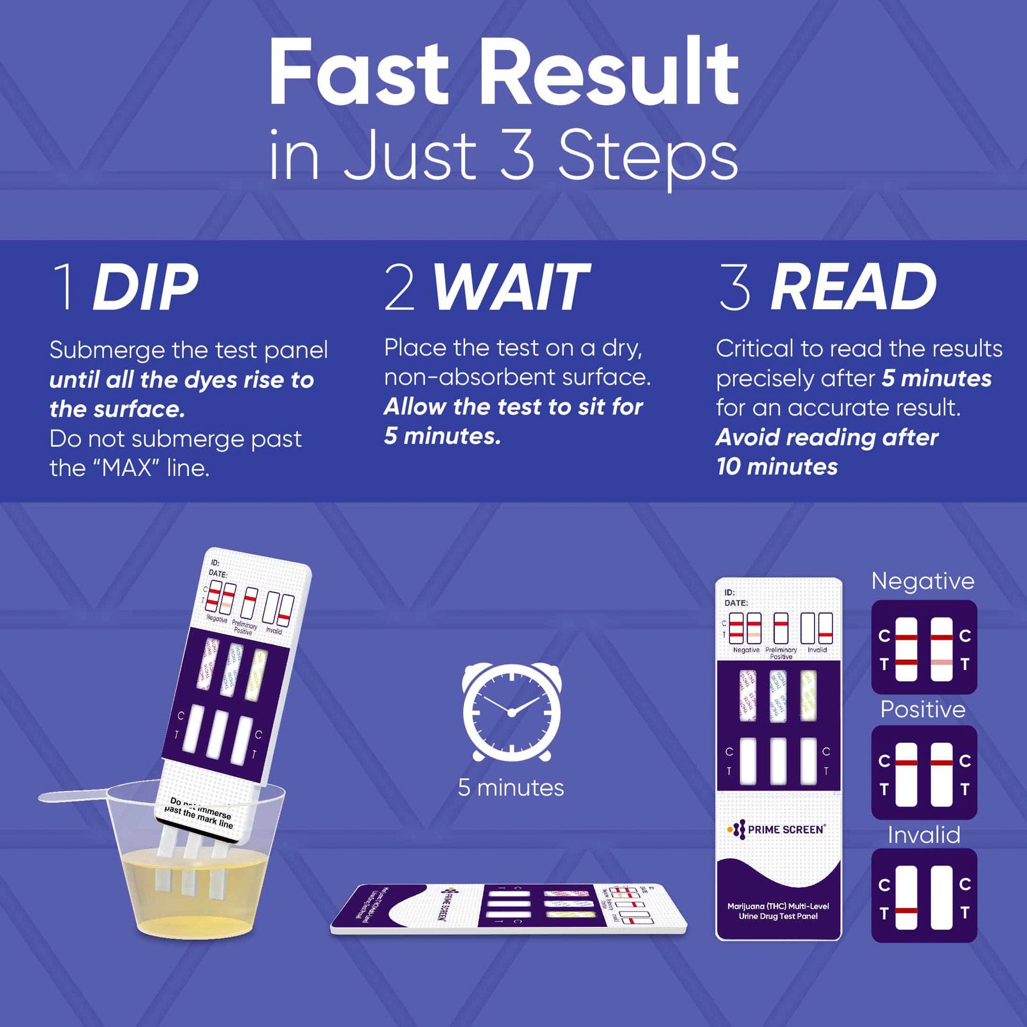 Prime Screen - Prime Screen Multi Level Marijuana Home Urine Test Dip Kit - Highly Sensitive THC 3 Level Drug Test Kit-Detects at 15 ng/mL, 50 ng/mL, and 100 ng/mL