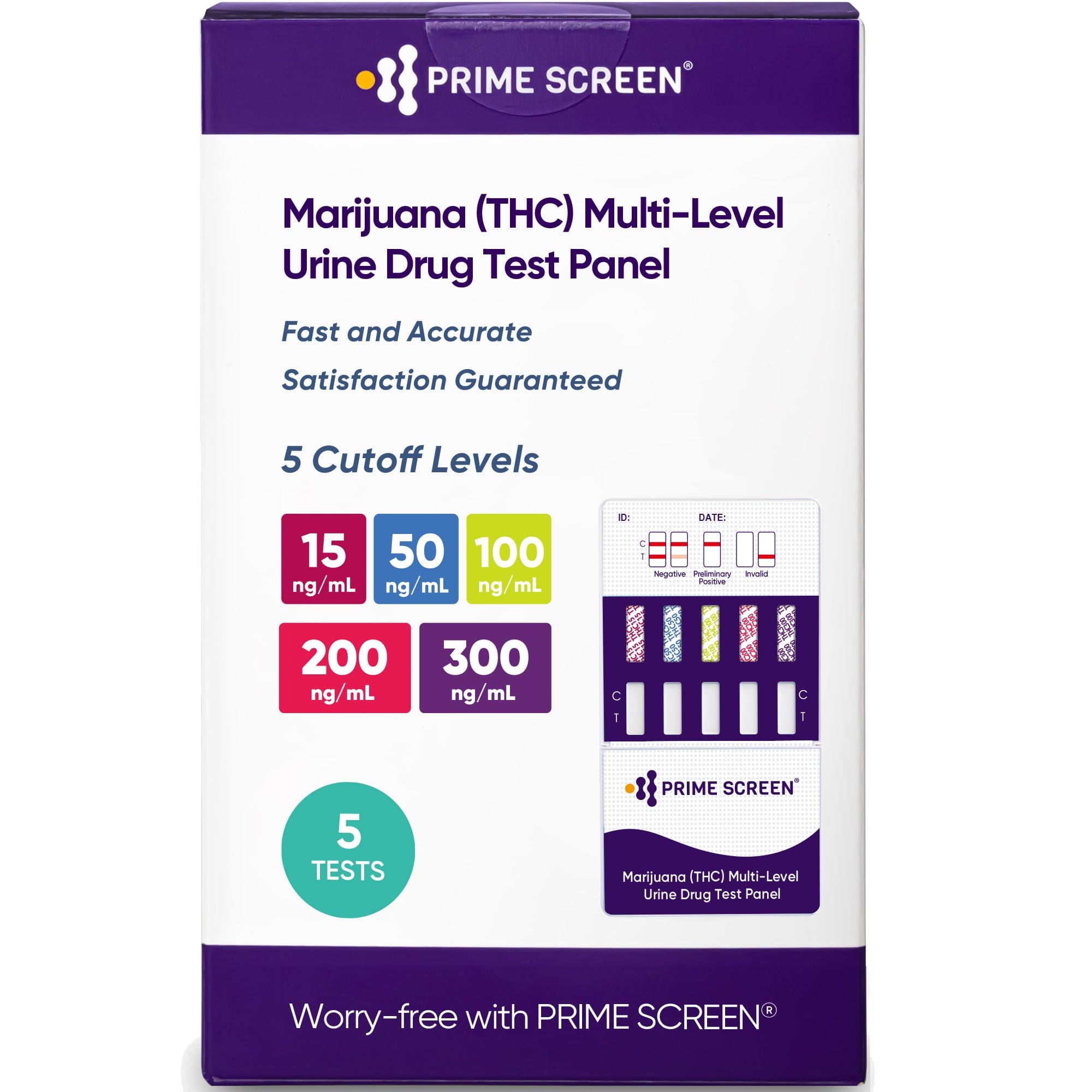 Prime Screen - Multi Level Marijuana Home Urine Test Dip Kit - Highly Sensitive THC 5 Level Drug Test Kit-Detects at 15 ng/mL, 50 ng/mL, 100 ng/mL, 200 ng/mL, and 300 ng/mL