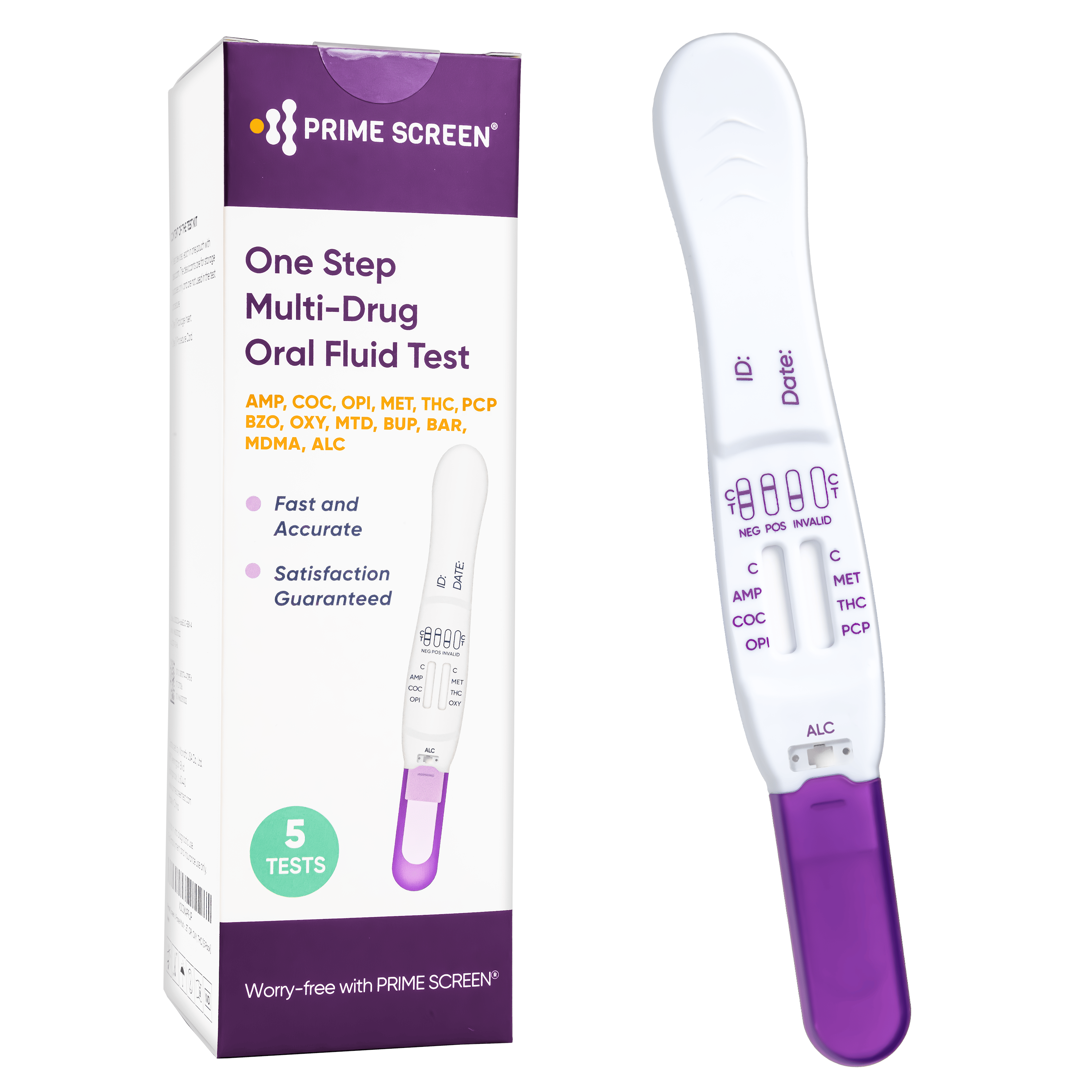 Prime Screen 12-Panel Oral Fluid Drug Test & 2 Minute Alcohol Test, One Step Employment and Insurance Testing, T-Swab (AMP50, MET50, BUP5, BZO10, COC20, THC40, BAR20, OXY20, OPI40, PCP10, MDMA50, MTD30,ALC) - [5 Pack]